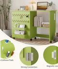 Slick Fold Up Sewing Table With Built In Charging Port And Smooth Rolling Lockable Wheels Nifty Storage Trays Pegs And Deep Bin, showcasing green cabinet with storage and anti-collision pads.