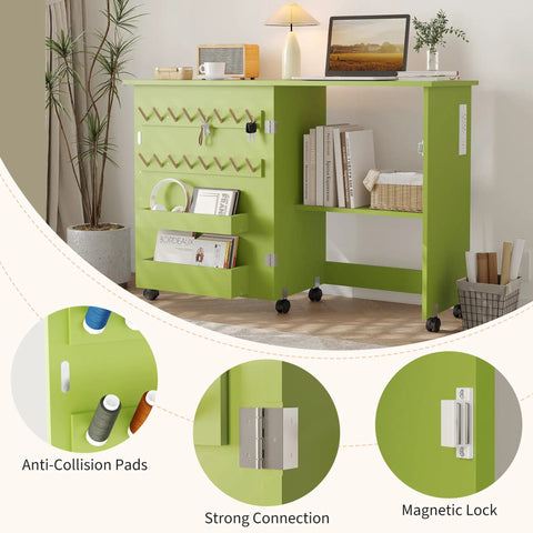Slick Fold Up Sewing Table With Built In Charging Port And Smooth Rolling Lockable Wheels Nifty Storage Trays Pegs And Deep Bin, showcasing green cabinet with storage and anti-collision pads.