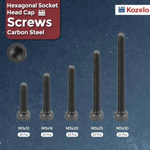 Pro Grade 100 Piece M3 Socket Head Cap Screws Set With 12 16 20 25 30mm Lengths Alloy Steel Black Oxide 12.9 Internal Hex Fully Threaded Bolts for 3D Printers and DIY Projects shown in various sizes.