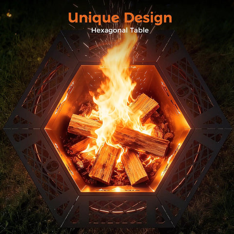 2 In 1 Backyard Fire Pit And Grill For Outdoor Gatherings with hexagonal design and wood burning fire