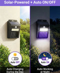 Dual view of Solar Powered Outdoor Bug Zapper No Fuss 2 In 1 Waterproof Cordless Mosquito Zapper With 3 Modes Motion Sensor Light And UV Light Rechargeable Mosquito Killer Lamp For Patio Yard Garden, showing day charging and night operation.