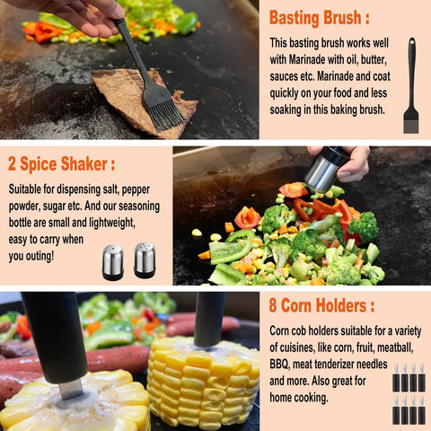 38 Piece Griddle Accessories Kit With Stainless Steel Spatulas And Tongs Smash Burger Press Griddle Chopper Meat Fork Basting Brush Egg Rings Meat Claws Carry Bag Hooks Cleaning Brush For Outdoor BBQ And Backyard Grilling, showing basting brush, spice shaker, and corn holders in use