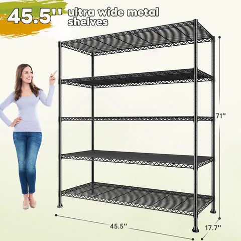 Beefy Heavy Duty Five Tier Metal Storage Shelving Unit 45.5 Inch Wide With Open Sides For Kitchen Garage And Retail Use Large Capacity Stable Steel Construction Easy Assembly Perfect For Tools And Gear, 45.5 in wide, 71 in tall