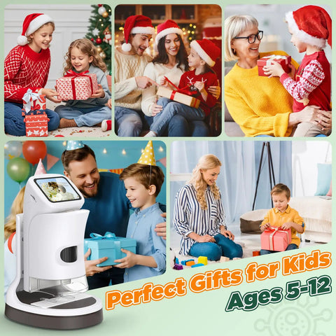 Kids 1000X Digital Microscope With Screen For Ages 5 To 12 Handy Pocket Microscope Portable Rechargeable STEM Science Kit showing kids gifting scenes