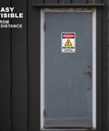 Heavy Duty High Voltage Danger Sign 7X10 Reflective Aluminum Plate 2 Pack Rust Resistant Electrical Warning Labels on a door.