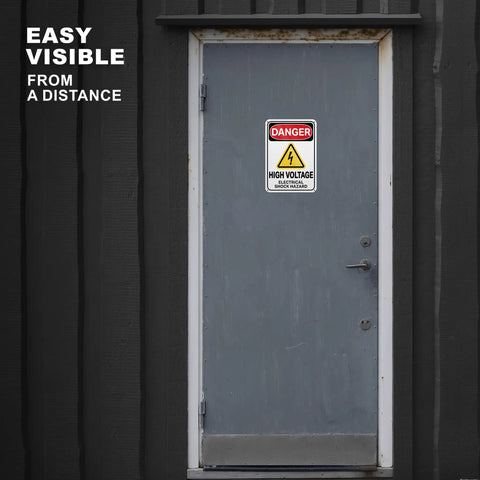 Heavy Duty High Voltage Danger Sign 7X10 Reflective Aluminum Plate 2 Pack Rust Resistant Electrical Warning Labels on a door.