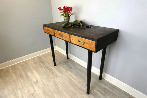 Modern desk with adjustable 2 inch diameter steel desk and table legs black built to last 27 and a half inch to 43 inch.