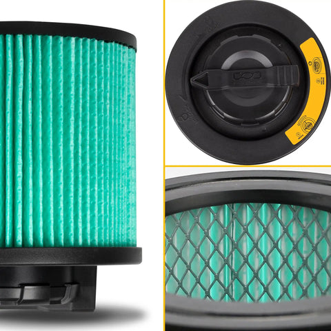 Collage of HEPA Vacuum Filter Replacement For 4 To 5 Gallon Shop Vacuums, close-up of pleated design, top and bottom views visible.