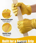 Cowhide Leather Work Gloves For Men And Women Reinforced, Durable Gardening Gloves with Puncture and Cut Resistance shown gripping a tool