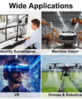 Collage of uses for Dope Dual Lens Stereo USB Webcam Module: security surveillance, machine vision, VR, drones, and robotics