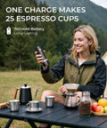 Portable Burr Coffee Grinder With 80 Precision Settings For Single Dose Brewing Compact Travel Mill on camping table.