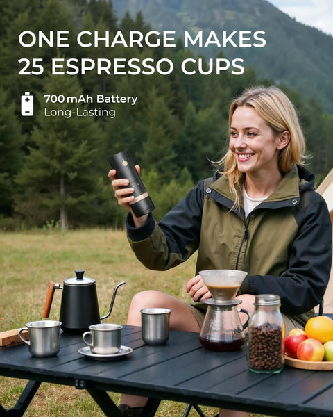 Portable Burr Coffee Grinder With 80 Precision Settings For Single Dose Brewing Compact Travel Mill on camping table.
