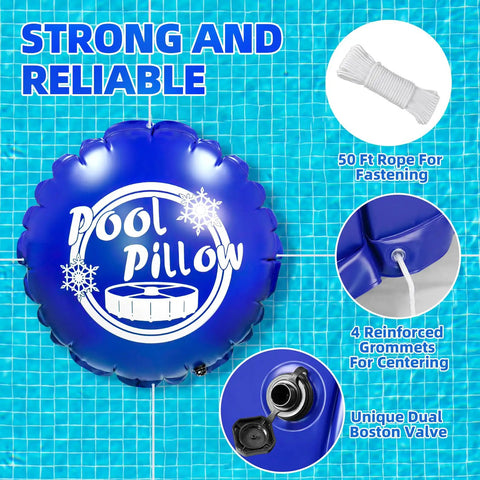 Blue pool pillow with dual Boston valve, 4 reinforced grommets, and 50 ft rope. 4x4 Ft Pool Pillow For Above Ground Pools Winterizing Kit.