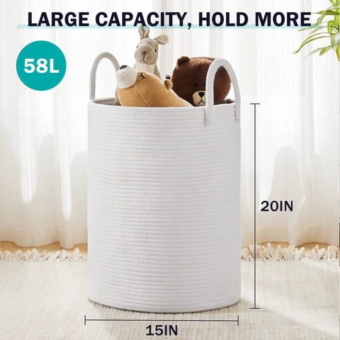 Big Ol Woven Rope Laundry Hamper Basket 58L Tall Portable Clothes And Blanket Storage For Bedroom Baby Nursery Pure White