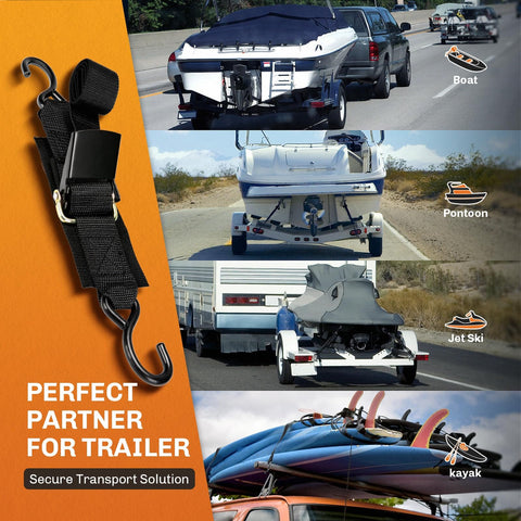 Heavy Duty Boat Trailer Transom Tie Down Straps 1200 Lbs Capacity, 2 Inch By 4 Foot Adjustable Marine Straps in use with trailers