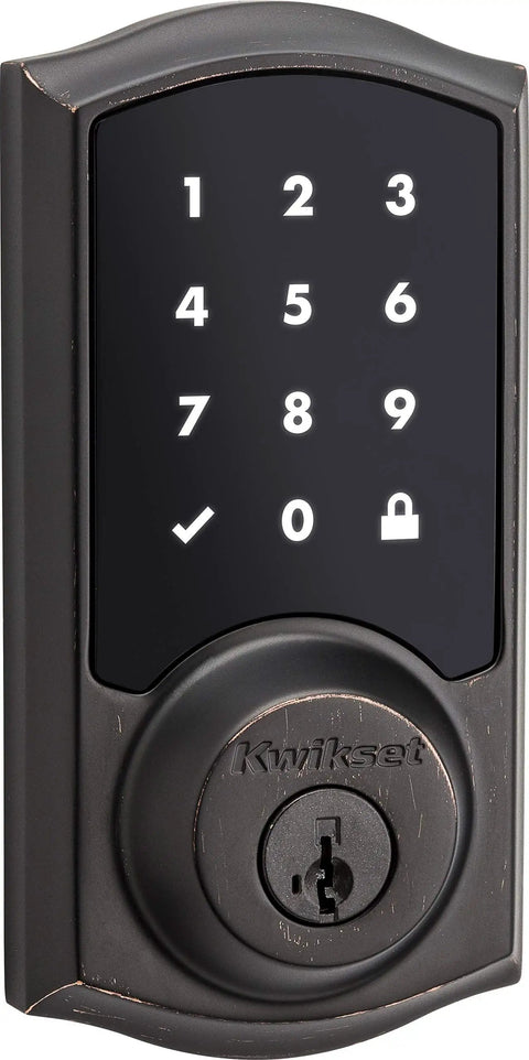 Slick Keyless Entry Touchscreen Smartcode Electronic Deadbolt Rocking Smartkey Security and Zigbee 3 Tech in a Smooth Venetian Bronze Finish showing keypad and keyhole.