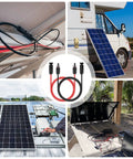 Collage showing Solar Panel Extension Cable 6 Ft Black And Red, 10 AWG 6mm2 Wire in various outdoor solar setups.