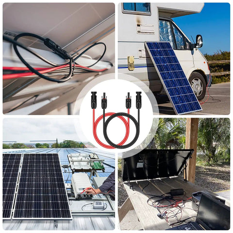Collage showing Solar Panel Extension Cable 6 Ft Black And Red, 10 AWG 6mm2 Wire in various outdoor solar setups.