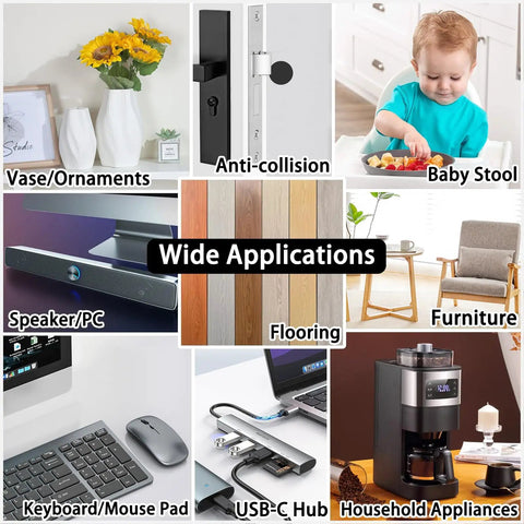 Collage showing various uses for No Slip Self Adhesive Silicone Cuttable Furniture Pads For Sofas Tables And Appliances Eco Friendly Floor Protectors With Strong Sticky Backing Anti Sliding And Easy To Trim And Apply Keeps Floors Safe From Scratches, including baby stool and vase protection.