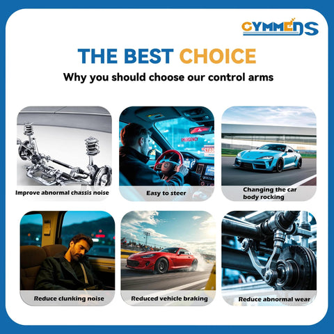 Infographic highlighting benefits of control arms with images for steering, noise reduction, and driving performance by Cymemeds.