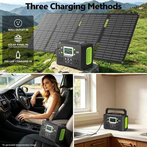 Badass 300W Portable Power Station With 222Wh Capacity And Pure Sine Wave Solar Generator on display with charging options outdoors and indoors.