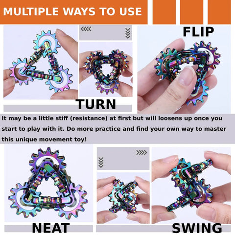 Quiet Metal Infinity Gear Fidget Toy for Focus and Stress Relief, showing different hand positions and smooth gear movements.