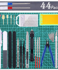 44 Piece Gundam Model Tools Kit For Hobbyists with tweezers, nippers, clippers, files, sanding sticks, and stand on cutting mat.