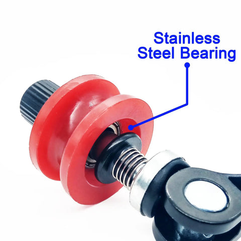 Close-up of Bike Chain Keeper Holder with stainless steel bearing for easy install behind rear derailleur, black, for cleaning and storage.