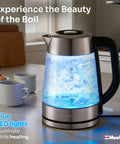 Rapid Boil Electric Tea Kettle 1.8L With Borosilicate Glass And Stainless Steel BPA Free LED Indicator Light on kitchen counter