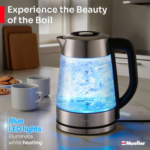 Rapid Boil Electric Tea Kettle 1.8L With Borosilicate Glass And Stainless Steel BPA Free LED Indicator Light on kitchen counter
