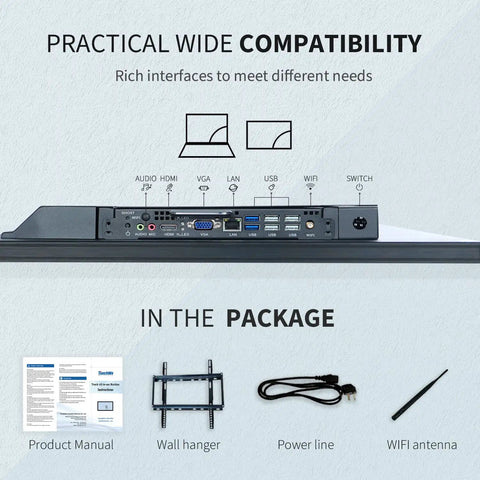 Back panel connections of 65 Inch 4K Interactive Touchscreen Monitor Smart Board Electronic Whiteboard Windows 11 Pro.
