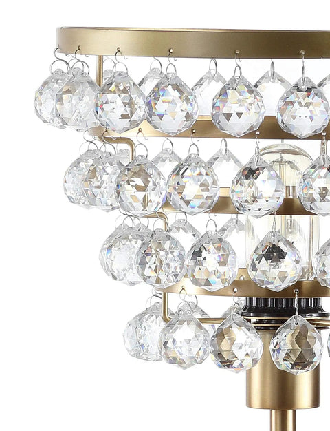 Close-up of Brass Gold 25 Inch Table Lamp With Clear Crystal Beads, showcasing chandelier style and modern design.