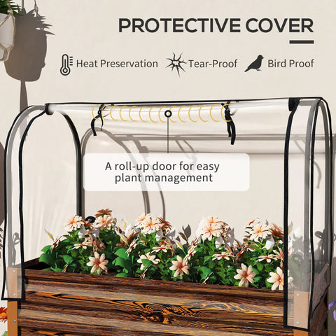 Raised Garden Bed With Cover And Shelf, Rectangular Metal Elevated Planter Box On Sturdy Legs, Bed Liner For Vegetables, Flowers And Herbs, Roll Up Greenhouse, Backyard Ready, Dark Brown