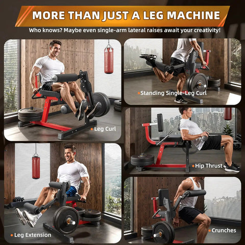 Heavy Duty Leg Extension And Curl Machine For Home Gym with various exercises including leg curl and hip thrusts