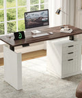 55 Inch Electric Standing Desk Farmhouse Style Sit Stand Workstation featuring walnut surface, roll out file cabinet, and modern workspace setup.