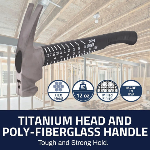 Ti64 Titanium Power Hammer 12 Oz Construction Grade with Fiberglass Handle shown in a construction setting