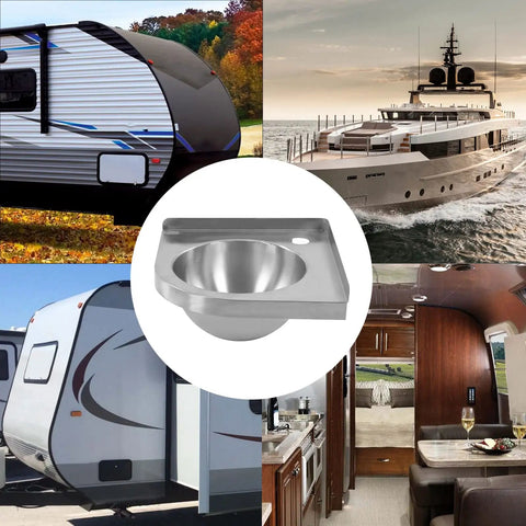 Collage featuring RV, yacht, kitchen, and Wall Mount Triangle Stainless Steel Sink For Kitchen And RV Caravan Boat 12 By 12 Inch