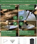 22 Inch Portable Fire Pit For Camping And RV Trips setup guide with foldable frame, fire bed, bridge, and grid in use