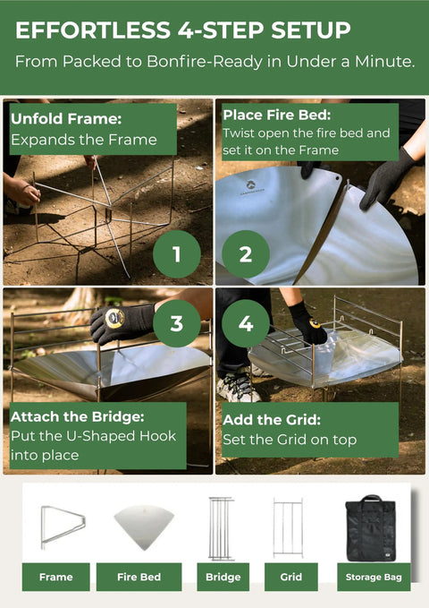 22 Inch Portable Fire Pit For Camping And RV Trips setup guide with foldable frame, fire bed, bridge, and grid in use