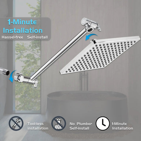 Boss Level High Pressure Rainfall Square Showerhead With 8 Inch Face And 15 Inch Extension Arm shown in bathroom installation