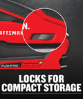 Zoomed view of Heavy Duty Reverse Squeeze Stapler With Pushfire Leverage highlighting compact lock feature on red composite body.
