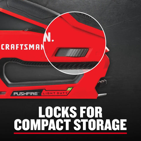 Zoomed view of Heavy Duty Reverse Squeeze Stapler With Pushfire Leverage highlighting compact lock feature on red composite body.