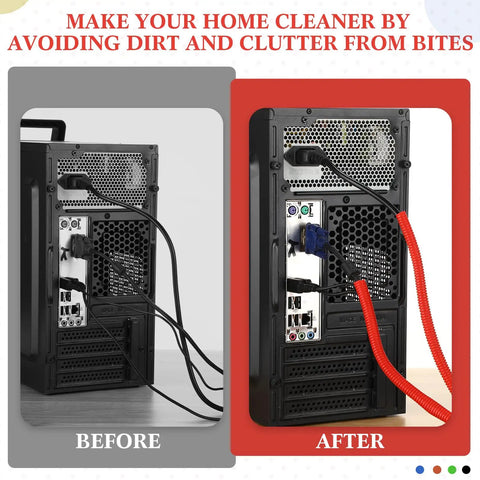 Quarter Inch Split Wire Loom Tubing Provides Straight Up Tough Cable Conduit Protection That Shuts Down Pet Chewing Threats While Keeping Your Electric Wire Cord Arrangement Crisp And Zero Hassle In Bold Red, before and after cable management comparison.