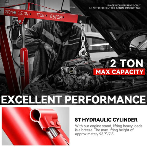 Two Ton Hydraulic Engine Hoist with folding arm lifting an engine in a garage, featuring maximum 2 ton capacity.