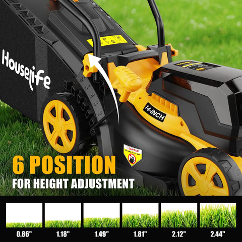 Close-up of 40V Cordless Lawn Mower That Plays Nice With 2x20V MAX Batteries, 14 Inch Cut, 6-Position Height Adjustment on grass