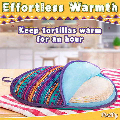 Multicolor 12 Inch Tortilla Warmer Pouch with tortillas inside, on a kitchen counter, showcasing its warming feature.
