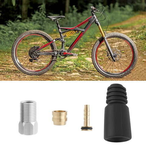 Eight Piece Hydraulic Disc Brake Hose Olive Repair Kit With Inserts Barb Screws And Connectors For TEKTRO Bikes displayed below bike