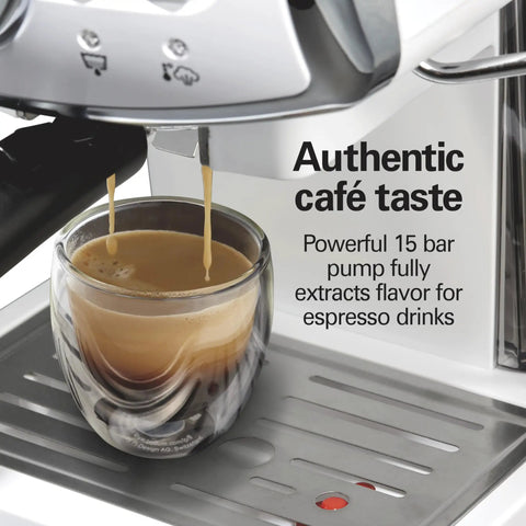 Kickstart Your Morning Grind With This Retro White Espresso Machine Highlighting A Patent Slide And Lock Portafilter 15 Bar Pressure And A Hit Different Milk Frother For Silky Lattes And Bold Cappuccinos Pure Barista Vibes Guaranteed. Close-up of espresso flowing into a glass from the machine's 15 bar pump.
