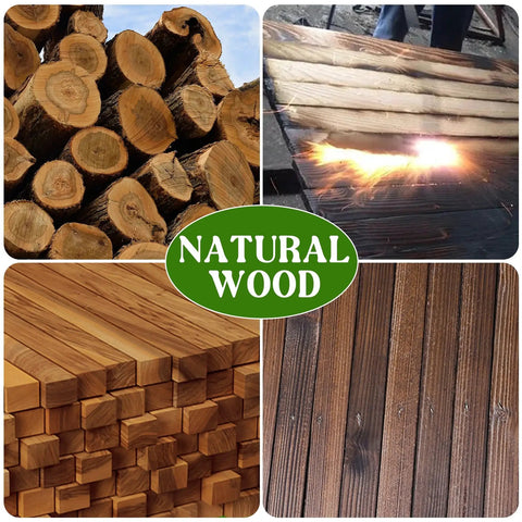 Collage showing natural wood processing stages from logs to finished panels