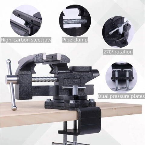 Industrial Grade Rock Solid Heavy Duty 6 Inch Bench Vise With All Steel Swivel Base And Dual Jaw Design For Tough Woodworking Metalworking And Weekend Warrior Diy Projects showing high-carbon steel jaws and pipe clamp features.